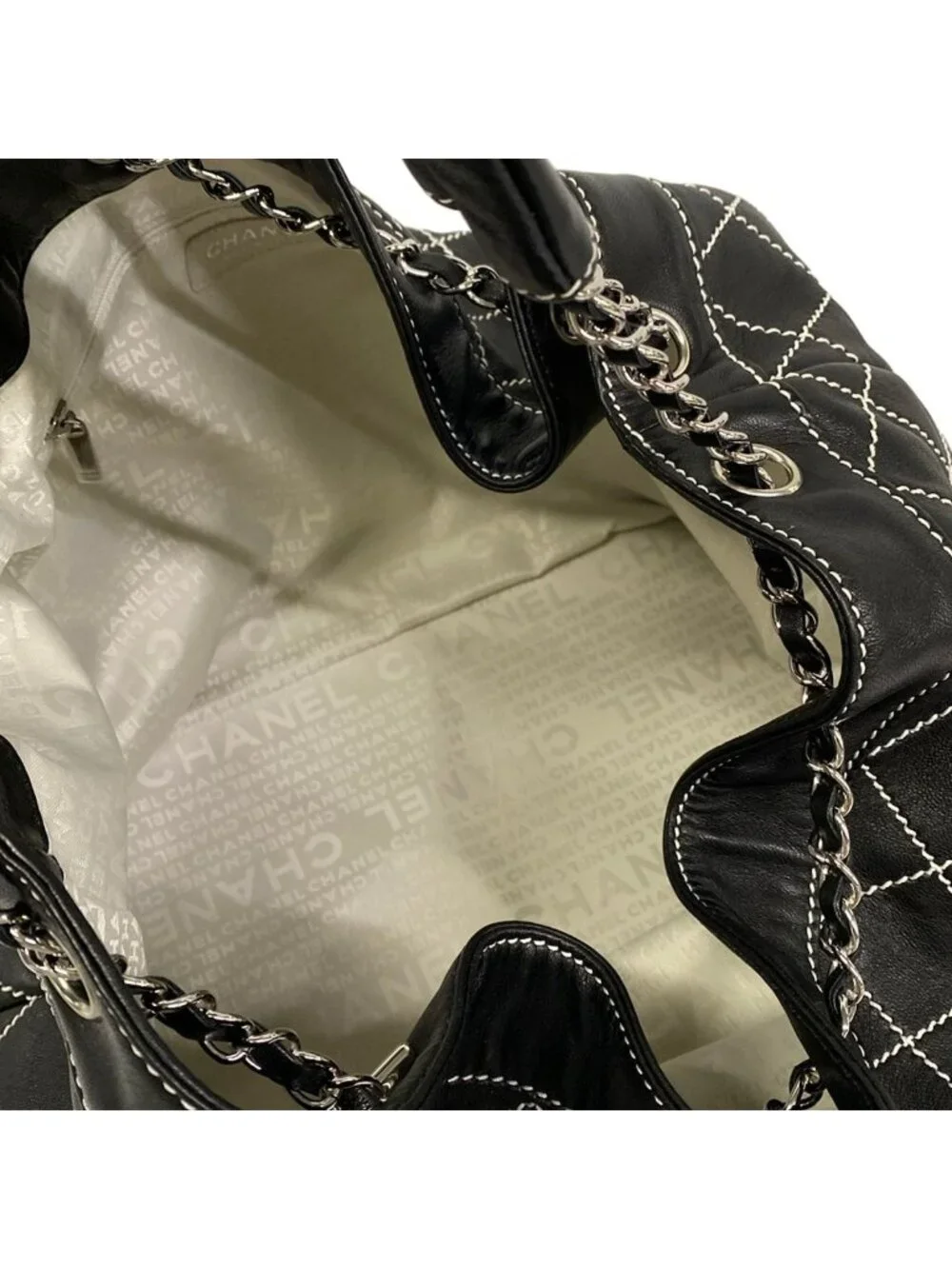 Chanel Tote Bag Wild Stitch Black White Silver Lambskin